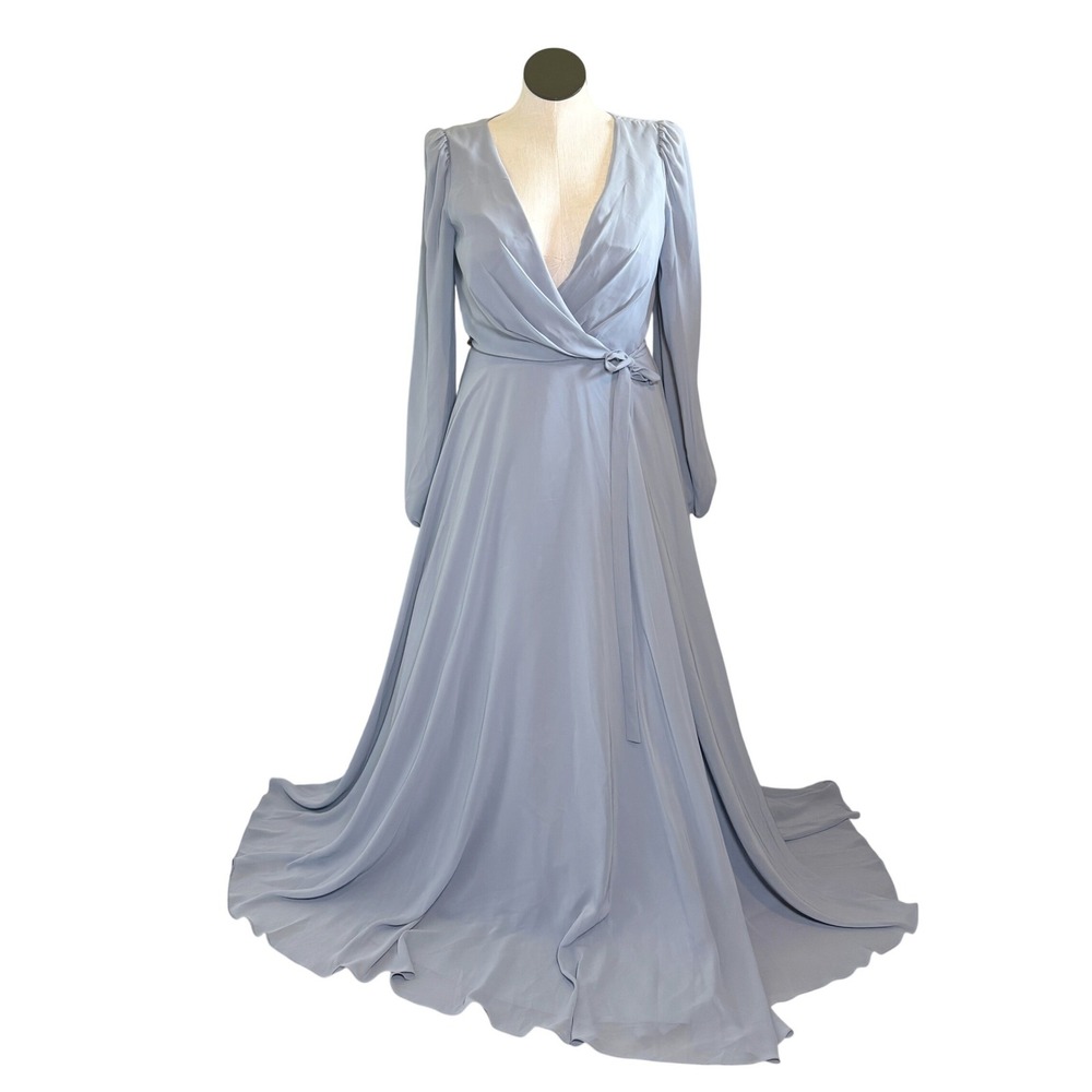 $295 Jenny Yoo Idris Luxe Chiffon Wrap Maxi Dress Chambray Blue Womens Size 12